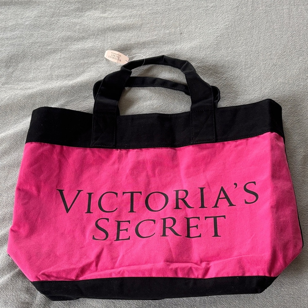 NEW Victoria's Secret Bold Pink and Black Canvas Tote